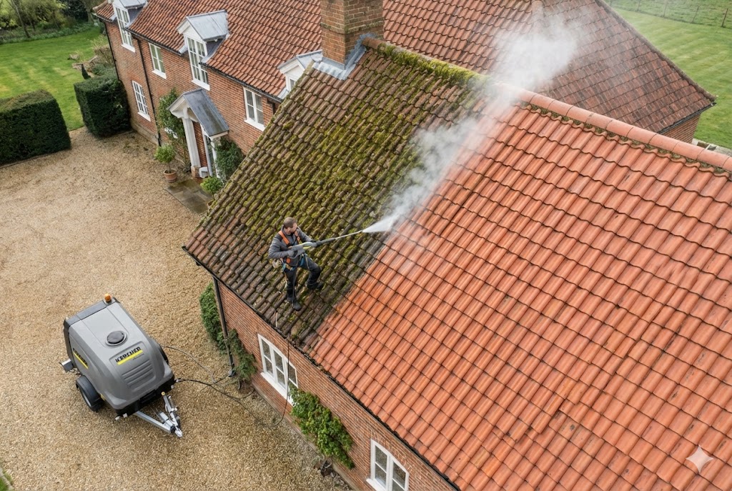 Vysokotlaký vodní proud při čištění kamenného povrchu