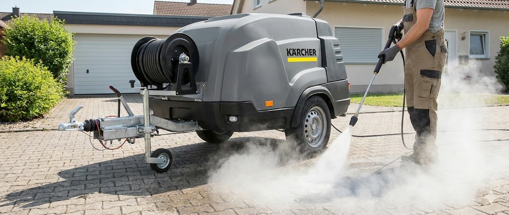 Čištění exteriéru budovy vysokotlakým přívěsem Kärcher