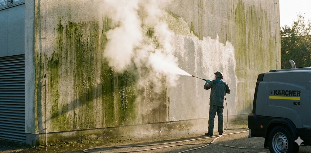Čištění fasády — odstranění mechu a řas horkou vodou
